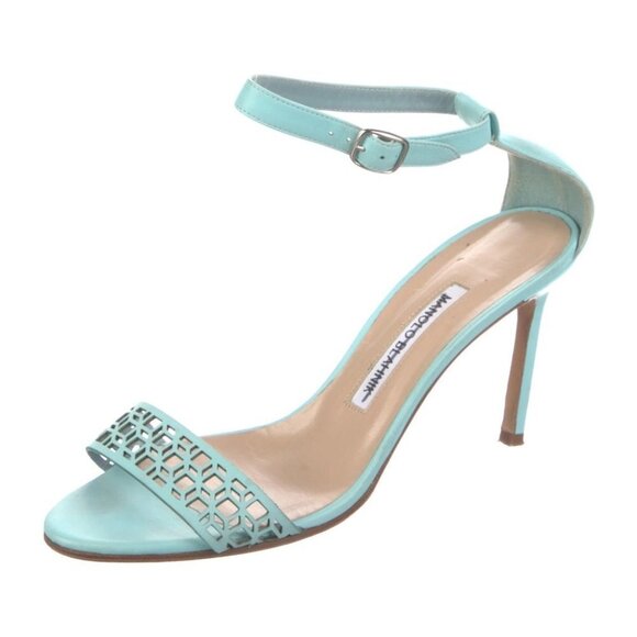 Manolo  Blahnik Maurila Turquoise Geometric Laser Cut Sandal Heels Leather 41 - Picture 1 of 16